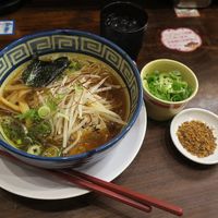 Vegan ramen plus extra spring onions and fried garlic. at Kyushu Jangara Ramen - Harajuku in Tokyo