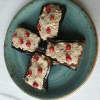 Grilled aubergine with walnut paste and pomegranate at Daredzhani in Almaty