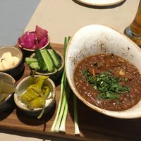 lobio (red bean spicy goulash) with marinated veggies at Daredzhani in Almaty