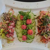 houmous vert et rouge avec crudités et graines germées at Annadata in Saint-malo