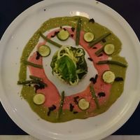 choux farci aux légumes, palet de pois chiche grillé, spaghetti de courgettes  at Annadata in Saint-malo