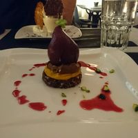 brownie cru, mousse de potimarron, mousse chocolat et poire confite  at Annadata in Saint-malo