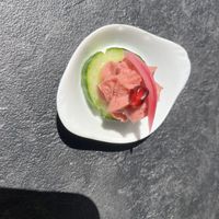 A free starter, cucumber with a sort of hummus   at Annadata in Saint-malo