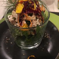 Raw broccoli tabouleh with algues and tofu and flowers!  at Annadata in Saint-malo