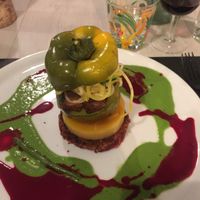 A chickpea patty with pumpkin and a filled bell pepper! Arabian spices! Maybe a little bit to many flavors ( on beetroot and spinach essence)! at Annadata in Saint-malo