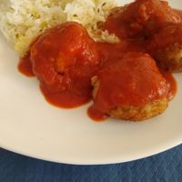 albondigas with rice at Empatia Rincon Vegano in Madrid