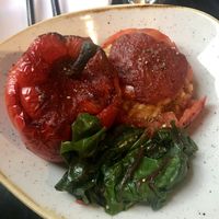 Risotto stuffed pepper and tomato  at Balkan Restaurant in Banff