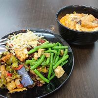 Laksa and beehoon (with Vege selections) at Dragon Gate Vegetarian in Central Singapore