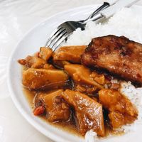 Pumpkin & ‘fish’ with rice at Dragon Gate Vegetarian in Central Singapore