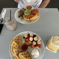 Fruit salad and savoury waffles. Tropical fruit crush and Oreo shake  at Waffle on Cairns in Cairns