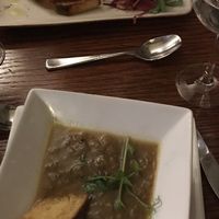 Vegan bruschetta with sundried tomato, red onion and pesto, French onion soup with vegan cheese crouton. at Freddy's Restaurant in Limerick