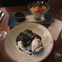 Vegan fruit fondue with chocolate sauce, brownie with coconut ice cream. at Freddy's Restaurant in Limerick