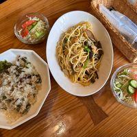 Wild vegetables fried rice and stir fried spaghetti  at Bell Cafe in Nikko