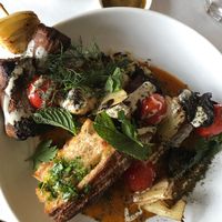 King Oyster Mushroom Kabobs with Rice Pilaf and Carrot Purée  at Elf Cafe in Los Angeles