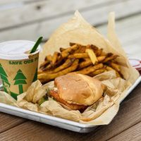 Buffalove burger, fries, and a chocolate milkshake  at E Burger in Columbus