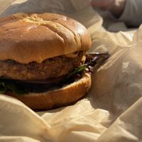 Spicy chick’n burger  at E Burger in Columbus