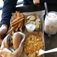 EDEN burger, Mac and cheese, fries, fried pickles and a chocolate milkshake  at E Burger in Columbus