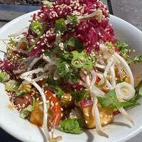 TOFU SURF BOWL
Agedashi Tofu, Teriyaki Vegetables, Sesame Jasmine Rice, Braised Red Cabbage, Cilantro & Green Onion (no Spicy Yogurt) at Shelter Restaurant in Tofino