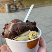 Bitter chocolate and pistachioo  at Eiscafe Venezia in Dresden
