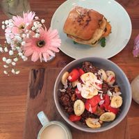 Vegan sunny side up burger and choc crunch at Kynd Community - Seminyak in Seminyak