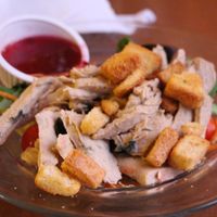 Salad with gardein chicken at Obsidian Dining Room @ Old Faithful Snow Lodge in Yellowstone National Park