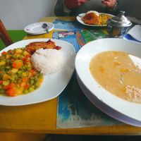 Soup and main dish at Comedor Vegetariano in Cusco