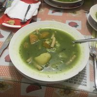 Pesto soup with potato, sweet potato, corn, and noodles at Comedor Vegetariano in Cusco