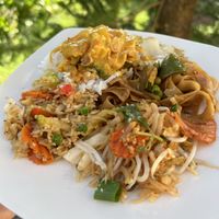 Takeout plate with vegan pad thai, massaman curry, fried rice, and pad kee mao (all ‘medium plus’ heat with tofu)   at Ning Thai Cuisine in Pahoa