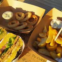 Seitan burger with onion rings and potatoes at Mammaterra in Puerto Varas