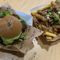 GF wholefood burger and satay fries  at Cafe Thrive in Southampton