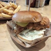 Fried chicken burger & chips at Cafe Thrive in Southampton