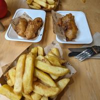 Chip shop specials week, battered sausage and battered "mars bar" at Cafe Thrive in Southampton