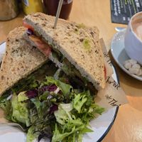 Sandwich and hot chocolate with marshmallows at Cafe Thrive in Southampton