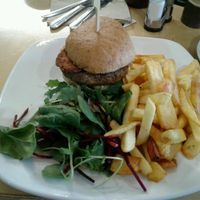 meaty burger with tempeh  at Cafe Thrive in Southampton