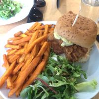 Chicken Burger with Sweet Potato Fries at Cafe Thrive in Southampton