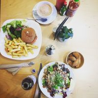 burger, Caesar salad, "chicken" nuggets at Cafe Thrive in Southampton