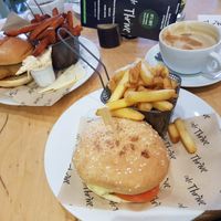 "Meaty" burger and "Chicken" burger (all vegan) at Cafe Thrive in Southampton