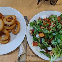 Sweet-Root Salad and onion rings at Cafe Thrive in Southampton
