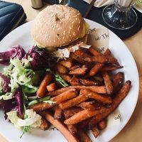 “Chicken” seiten burger and sweet potato chips at Cafe Thrive in Southampton