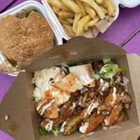 Buffalo chicken salad with vegan halloumi and meaty burger at Cafe Thrive in Southampton