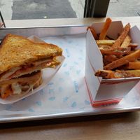 vegan buffalo tofu melt and fries at Roxy's Grilled Cheese in Allston