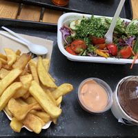 fries, garden salad, bbq sauce, best tiramisu ever at Swing Kitchen - Kaiserfeldgasse in Graz