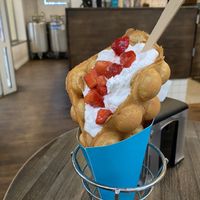 Waffles with whipped cream, strawberries and peanut butter   at N'Ice Cream Factory in Wroclaw