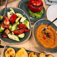 Filled tomato with eggplant, summer salad, walnut Dip, bbq potatoes   at Lavash Restaurant in Yerevan