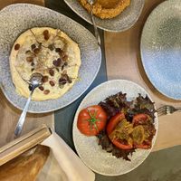 Hummus walnut paste and veggie appetiser together   at Lavash Restaurant in Yerevan