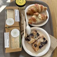 Sandwiches, raspberry croissants, blueberry bakewell tarts and sorbet   at Island Cafe in Marazion
