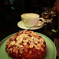 Almond donut and matcha latte at Veginity in Dublin