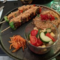 Gado Gado with Marinated Tempeh Skewers, Satay Sauce and Roasted Peanuts, ‘Egg’ fried Rice, Mango Rujak and Melon Salad at Veginity in Dublin