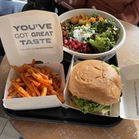 Guac burger, golden greens, s. potato fries   at Beatnic - Providence in Providence