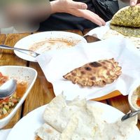 Armenian salad, "spicy spinach" pastry, aubergine dip, zatar at Zatar Pizza in Yerevan